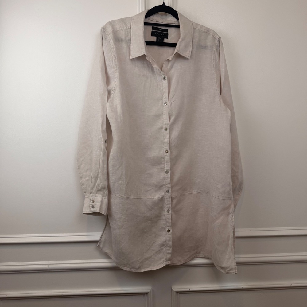 Tahari Womens Large Oatmeal 100% Linen Button Down Tunic Shirt Long Sleeve Beige